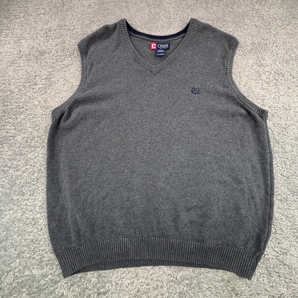 Chaps Mens V Neck‎ Sweater Vest Dark Gray XL Cotton Logo Embroidered Sleeveless